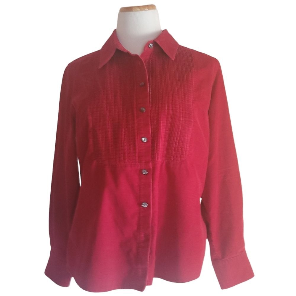 J Jill Red Corduroy Pleated Bib Button-front Shirt L/P